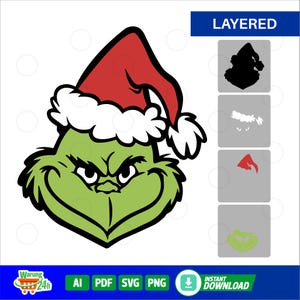 May include: Green Grinch character wearing a red and white Santa hat with a grumpy expression. The image is layered for easy editing.