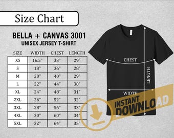 Tabla de tallas, Bella Canvas 3001, Medidas de camisetas, Tabla de tallas 3001, Camiseta de jersey unisex, Tabla de tallas Bella Canvas
