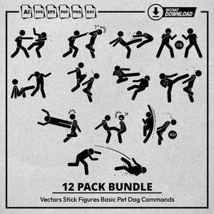 May include: A set of 12 black and white stick figure illustrations depicting various dog training commands. The illustrations include commands such as "sit", "stay", "down", "come", "heel", "shake", "fetch", "drop it", "leave it", "wait", "off", and "stay".