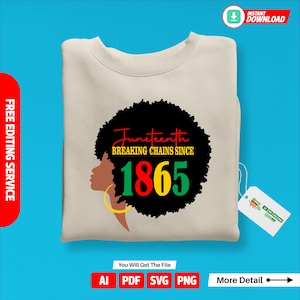 May include: A digital design featuring a black silhouette of a woman with an afro hairstyle. The design includes the text "Juneteenth Breaking Chains Since 1865" in red, yellow, and green colors.