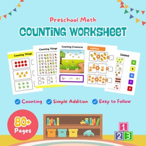 May include: A colorful worksheet for preschoolers featuring counting, addition, and connecting activities. The worksheet includes images of apples, oranges, pears, animals, and other objects. The text on the worksheet reads "Preschool Math Counting Worksheet".