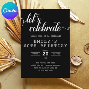 Let&#39;s Celebrate Invitation Template, Editable Surprise Birthday Party Invite, Anniversary Invites, Black Digital Invite