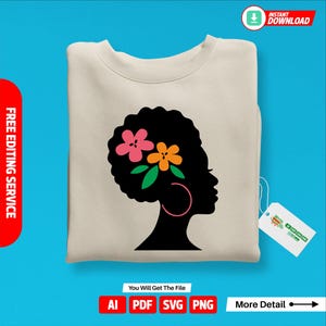 Peut inclure: Silhouette d'une femme avec une coiffure afro, portant une grosse boucle d'oreille. L'afro est décoré de fleurs roses, orange et vertes.