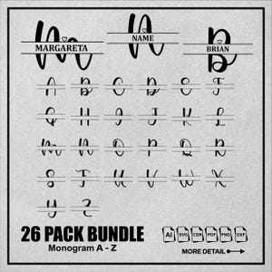 Heart Split Monogram, Script Split Monogram, Handwriting Monogram, Minimalist Split Monogram, svg, jpg, png, dxf, Cut Files, Alphabet Bundle