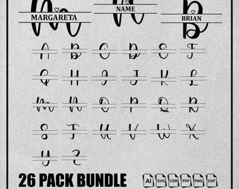 Monogramme divisé en coeur, monogramme divisé en script, monogramme d'écriture manuscrite, monogramme divisé minimaliste, svg, jpg, png, dxf, fichiers coupés, lot de l'alphabet