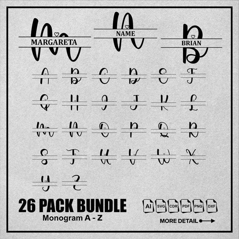 Heart Split Monogram, Script Split Monogram, Handwriting Monogram, Minimalist Split Monogram, svg, jpg, png, dxf, Cut Files, Alphabet Bundle