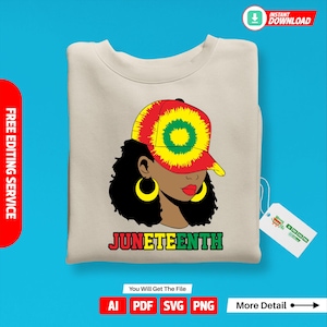May include: A digital illustration of a Black woman with a red, yellow, and green tie-dye hat. The woman has dark hair and is wearing earrings. The text "JUNETEENTH" is below the woman's image.