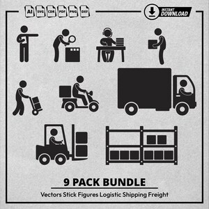 Stick Figures SVG Logistic Shipping Freight, Warehouse Transportation, Forklift & Lorry Goods Delivery Illustrations