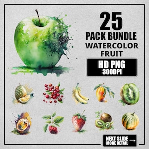Bundle Fruits Clipart, Fruit Watercolor Flowers and Trees, Food Sticker Mug and Shirt Design, Digital Download, Printable PNG & SVG
