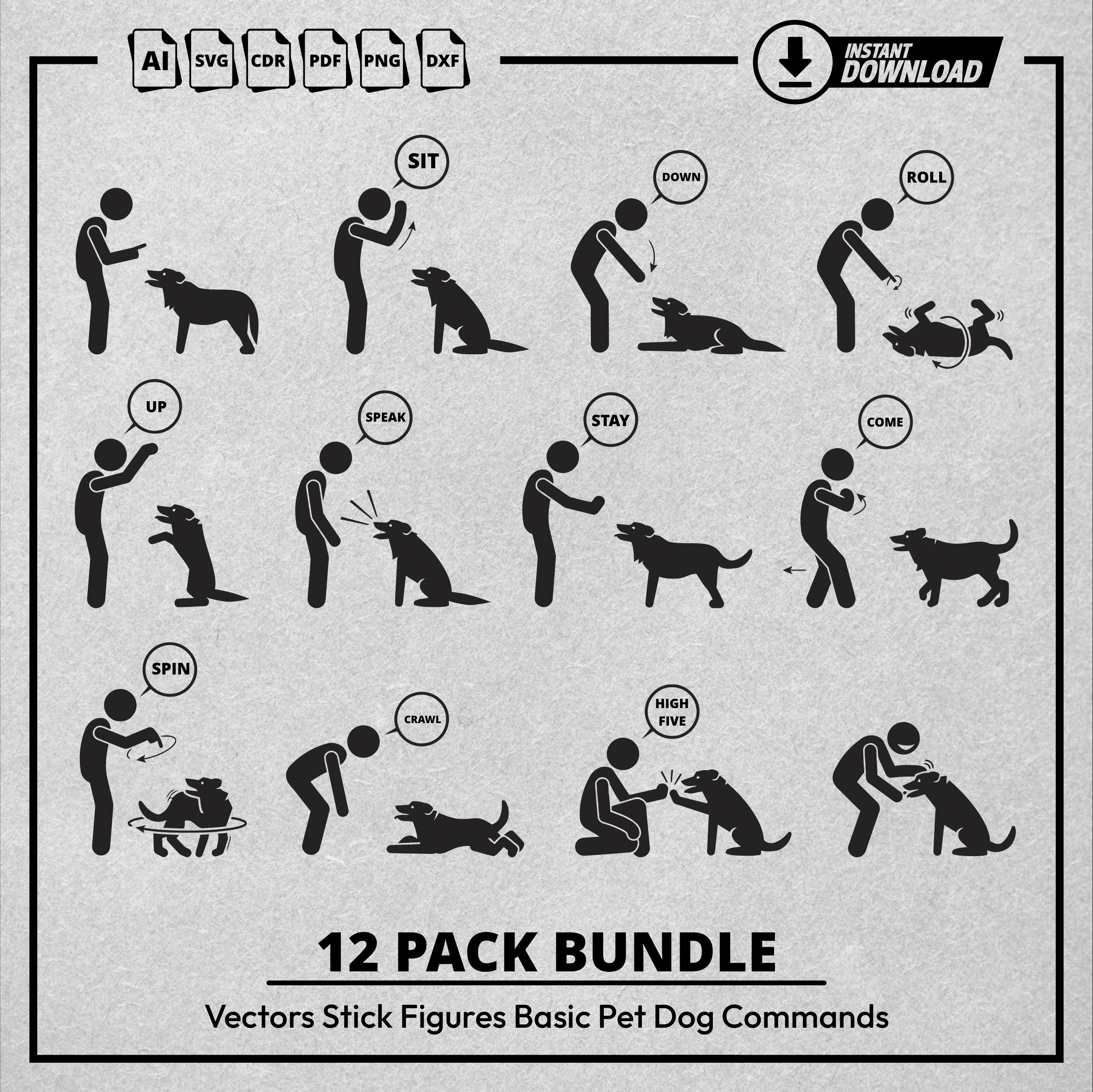 Stick Figure Dog Commands Training Instructions Pet Behavior Trainer Hand Signals & Obedience School Methods