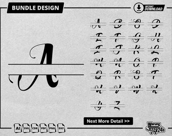 Split Monogram Alphabet SVG, DXF, PNG, Split Monogram Frame Alphabet, Cut File for Cricut, Silhouette, 26 Individual Svg Png Dxf Cut Files