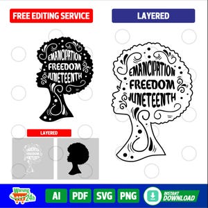 Op de afbeelding: Zwart-wit gelaagd ontwerp van een vrouwensilhouet met een afro-kapsel. De afro is gevuld met de woorden "Emancipation", "Freedom" en "Juneteenth".