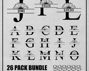 Sunflower Split Monogram svg, jpg, png, Floral Monogram Clipart, Sunflower Letter Graphic, Alphabet Bundle, Name Monogram, Commercial use