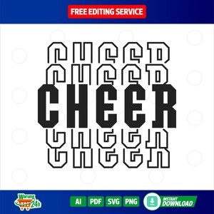 May include: Black and white graphic design of the word "CHEER" repeated in a stacked pattern. The word is in a bold, blocky font.