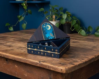Alchemic Jewelry Box – Handcrafted moon Owl treasure keepsake | Blue Night Sky Box for Magic Lovers