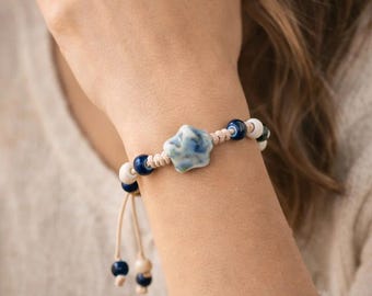 Elegante braccialetto in ceramica a forma di stella, regolabile, fatto a mano, con cordino in cera, gioiello boho con perline, regalo per donna