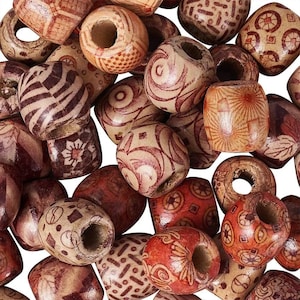 May include: A collection of wooden beads in various shapes and sizes. The beads are primarily brown with intricate patterns in shades of red and brown. Some beads have geometric designs, while others feature floral or abstract motifs. The beads are ideal for jewelry making and crafts.