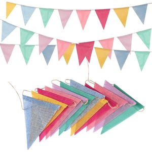 May include: A collection of colorful triangle-shaped fabric bunting flags in various pastel shades, including pink, blue, green, and yellow. The flags are strung together on twine, suitable for festive decorations.