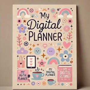 May include: A digital planner with a pink, blue, and yellow color scheme. The text "My Digital Planner" is written in black lettering. The image is surrounded by various cute illustrations, including hearts, stars, rainbows, and flowers.