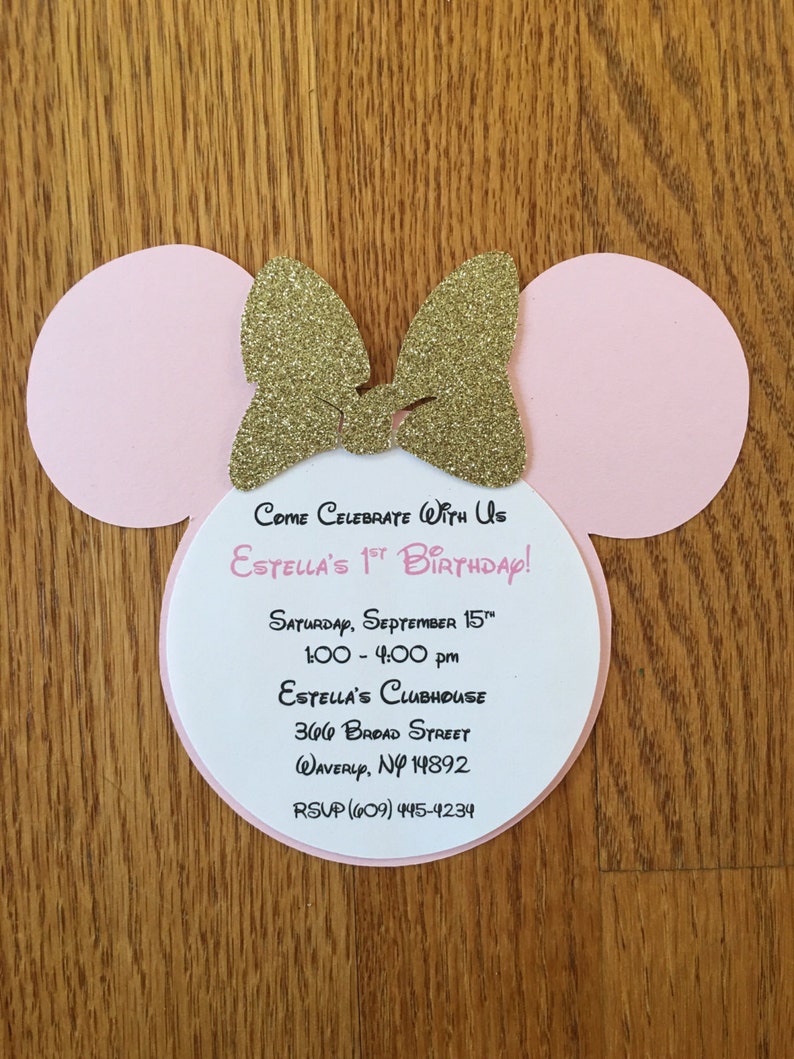 Handmade Minnie Mouse Pink Gold Glitter Invitations Minnie Etsy