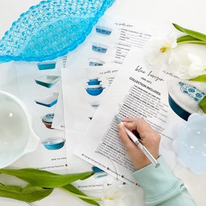 Puede incluir: Una lista de verificación para coleccionar Pyrex Blue Horizon, una línea de artículos de cocina producidos de 1960 a 1972. La lista de verificación incluye una variedad de artículos, que incluyen tazones para mezclar, platos para hornear y platos para refrigerador. La lista de verificación está impresa en papel blanco con texto negro.
