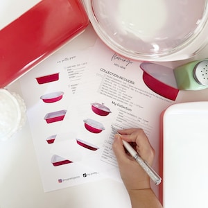 Może przedstawiać: Lista kontrolna do kolekcji vintage różowego sprzętu kuchennego marki Flamingo. Lista zawiera okrągłą zapiekankę, małą indywidualną zapiekankę, talerz do ciasta, formę do chleba, okrągły talerz do ciasta, kwadratowy talerz do ciasta, owalny talerz do pieczenia i serwowania oraz okrągłą zapiekankę. Lista kontrolna znajduje się obok dłoni trzymającej długopis nad listą.