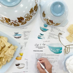 Puede incluir: Una lista de verificación para una fiesta temática de "Chips y Dip" con una lista de artículos que incluyen un tazón de Cenicienta, un juego de bocadillos y salsa y un tazón de anfitriona. La lista de verificación está en una hoja de papel blanca con un tazón de Cenicienta azul y blanco en el fondo.