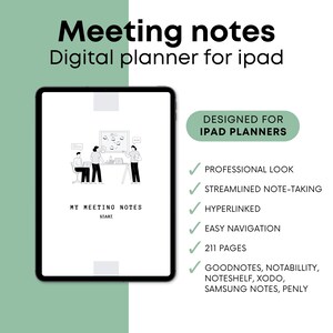 Puede incluir: Un planificador digital para iPad, diseñado para tomar notas durante las reuniones. La portada presenta una ilustración en blanco y negro de tres personas en una reunión. El texto "My Meeting Notes" y "Start" es visible en la portada. El planificador es compatible con Goodnotes, Notability, Noteshelf, Xodo, Samsung Notes y Penly.