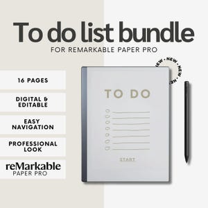 Op de afbeelding: Een digitale to-dolijstbundel voor de reMarkable Paper Pro tablet. De bundel bevat 16 pagina's met een professionele uitstraling en eenvoudige navigatie. De afbeelding toont een witte tablet met een grijze to-dolijsttemplate en een zwarte stylus.