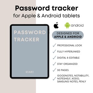 May include: A digital password tracker for Apple and Android tablets. The tracker is designed with a professional look and is fully hyperlinked, digital, and editable. It includes 30 pages and is compatible with Goodnotes, Notability, Noteshelf, Xodo, Samsung Notes, and Penly.