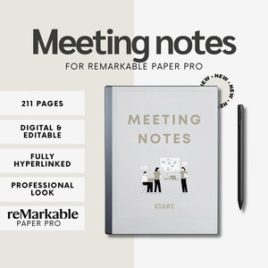 Op de afbeelding: Een digitaal notitieboek met de tekst "Meeting Notes" op de omslag. Het notitieboek is ontworpen voor de reMarkable Paper Pro en heeft 211 pagina's, digitale bewerking, volledig hyperlinked inhoud en een professionele uitstraling.