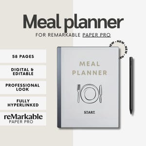 Op de afbeelding: Een digitale maaltijdplanner voor de Remarkable Paper Pro tablet. De planner heeft 58 pagina's en is volledig hyperlinked. De omslag toont een bord, vork en mes met de tekst "Meal Planner" en "Start".