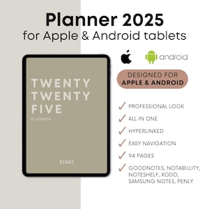 Op de afbeelding: Een digitale planner voor Apple- en Android-tablets, met een groene achtergrond en de tekst "TWENTY TWENTY FIVE PLANNER" in bruin. De planner is ontworpen voor Goodnotes, Notability, Noteshelf, Xodo, Samsung Notes en Penly.