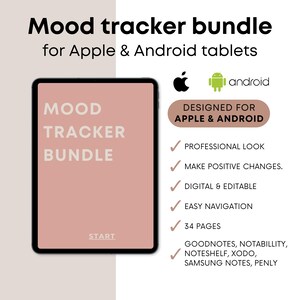 Op de afbeelding: Een roze digitale mood tracker-bundel voor Apple- en Android-tablets. De bundel bevat 34 pagina's en is compatibel met Goodnotes, Notability, Noteshelf, Xodo, Samsung Notes en Penly.
