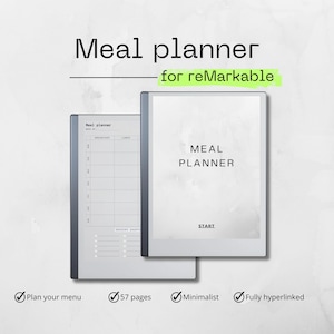 Op de afbeelding: Een zwart-witte digitale planner met de tekst "Meal Planner" voor de reMarkable tablet. De planner heeft 57 pagina's en is volledig gelinkt. Het bevat een wekelijkse maaltijdplanner, een boodschappenlijst en een startpagina.