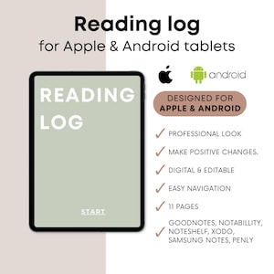 Op de afbeelding: Een digitale leeslog-sjabloon voor Apple- en Android-tablets. De sjabloon heeft een groene achtergrond met de tekst "READING LOG" in wit. De sjabloon is ontworpen voor gebruik met populaire notitie-apps zoals Goodnotes, Notability, Noteshelf, Xodo, Samsung Notes en Penly.
