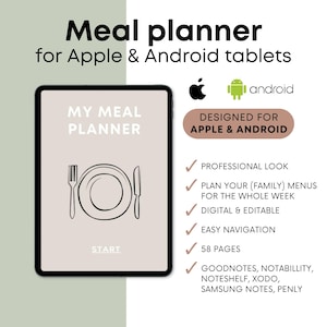 Op de afbeelding: Digitale maaltijdplanner voor Apple- en Android-tablets. Het scherm toont "MY MEAL PLANNER" met een vork, bord en mes illustratie. Kenmerken zijn een professionele uitstraling, wekelijkse menuplanning, digitaal bewerken en eenvoudige navigatie.