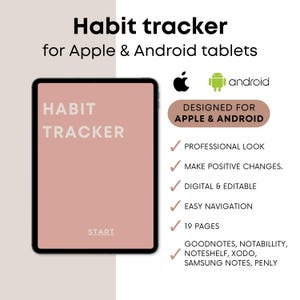 Op de afbeelding: Een digitale gewoontetracker voor Apple- en Android-tablets. De tracker is ontworpen met een professionele uitstraling en bevat functies zoals het maken van positieve veranderingen, digitaal bewerken, eenvoudige navigatie en 19 pagina's. Hij is compatibel met Goodnotes, Notability, Noteshelf, Xodo, Samsung Notes en Penly.