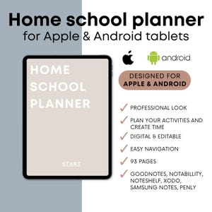 Puede incluir: Un planificador digital para la escuela en casa, diseñado para tabletas Apple y Android. El planificador presenta un fondo beige con el texto "HOME SCHOOL PLANNER" en negro. El planificador es compatible con Goodnotes, Notability, Noteshelf, Xodo, Samsung Notes y Penly.