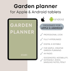Op de afbeelding: Een digitale tuinplanner voor Apple- en Android-tablets. De planner heeft een groene omslag met de tekst "GARDEN PLANNER" en "START". De planner is ontworpen voor gebruik met Goodnotes, Notability, Noteshelf, Xodo, Samsung Notes en Penly.