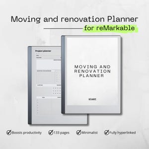 Könnte beinhalten: Ein schwarz-weißer digitaler Planer für das reMarkable Tablet. Der Planer trägt den Titel "Moving and Renovation Planner" und enthält einen Projektplaner-Bereich mit einer Checkliste, einem Marketing-Dashboard, Meilensteinen, Aufgaben und Fortschrittsbalken. Der Planer ist minimalistisch und vollständig verlinkt.