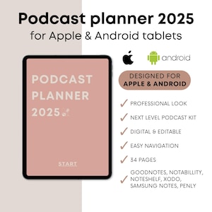 Puede incluir: Un planificador digital para podcasting, diseñado para tabletas Apple y Android. El planificador presenta un fondo rosa con el texto "Podcast Planner 2025" y "Start". El planificador es compatible con Goodnotes, Notability, Noteshelf, Xodo, Samsung Notes y Penly.