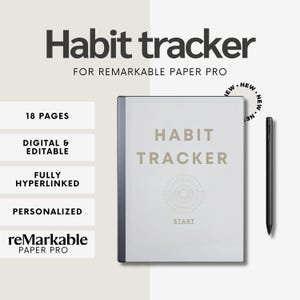 Op de afbeelding: Een digitale gewoontetracker voor de reMarkable Paper Pro tablet. De tracker heeft 18 pagina's en is volledig gelinkt. De afbeelding toont een close-up van het tabletscherm met de tekst "HABIT TRACKER" en een gestileerd cirkelontwerp. De tekst "START" staat onderaan het scherm.