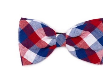 Red White Blue Plaid Dog Bow Tie, Dog Bow Tie, Dog Collar Bow Tie, Cat Bow Tie, Pet Bow tie, Pet Collar Accessory, Patriotic Dog Bow Tie