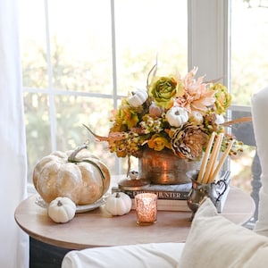 Fall Faux Flower Arrangement with White Pumpkins in Vintage Copper Tea Pot