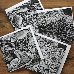 Lot de 4 cartes de voeux en linogravure, cartes d'artiste en linogravure, cartes de fleurs, cartes vierges, fleurs en linogravure, cartes pour toutes les occasions