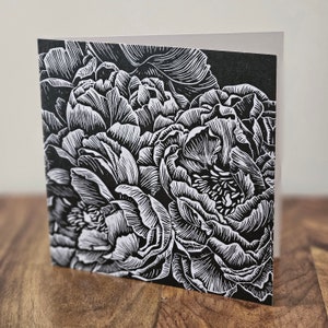 Cartão de linogravura peônia, cartão de felicitações com design de linogravura original, cartão de flor, cartão de felicitações em branco, cartões de artista linogravura