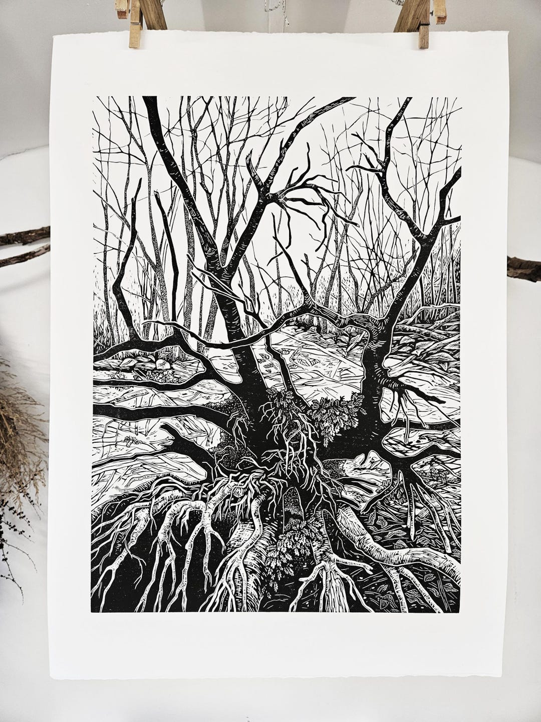 Printmaking Tree Roots Tree Roots Linocut, Original Handmade Print, Delicate Botanical Art ...