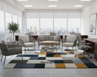 Modern Geometric Hand Tufted Area Rug – Blue, Grey & Mustard Abstract Design