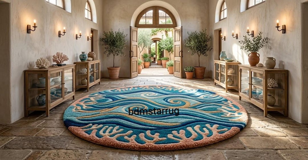 Beachy Round Rug Hand Tufted Ocean Wave Round Rug – Coastal Inspired Handmade Tufted ...
